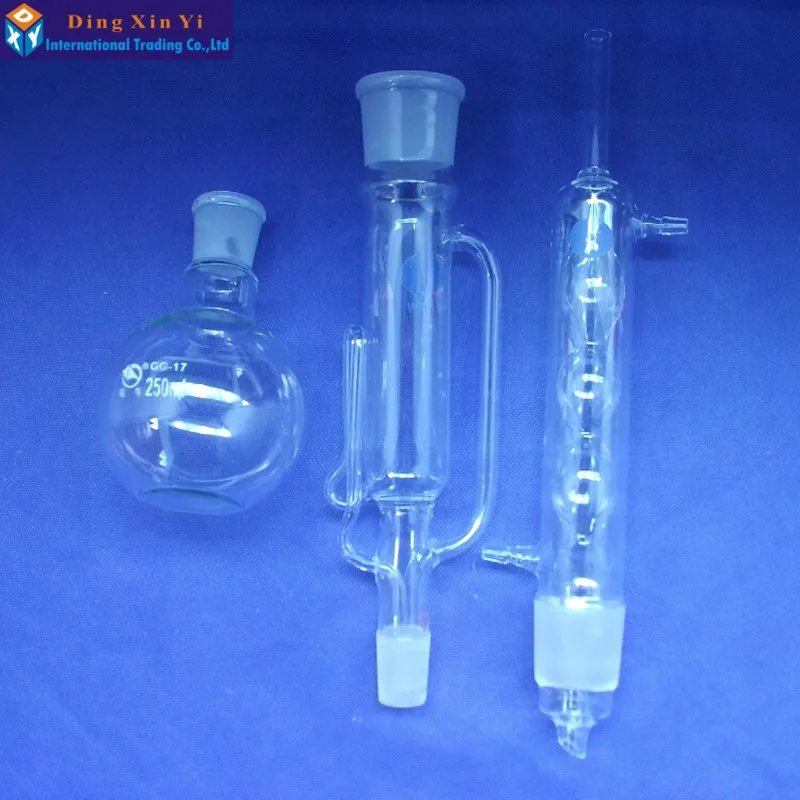 Extrator de vidro de 250ml soxhlet, aparelho de extração soxhlet com condensador bulbed, condensador e corpo do extrator, produtos vidreiros do laboratório