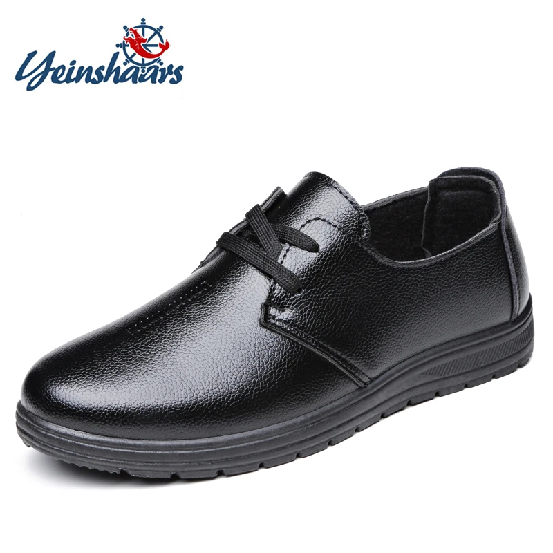 

YEINSHAARS Brand Casual Shoes Men Genuine Leather Lace-up Men Loafers Shoes Winter Warm Mens Flats