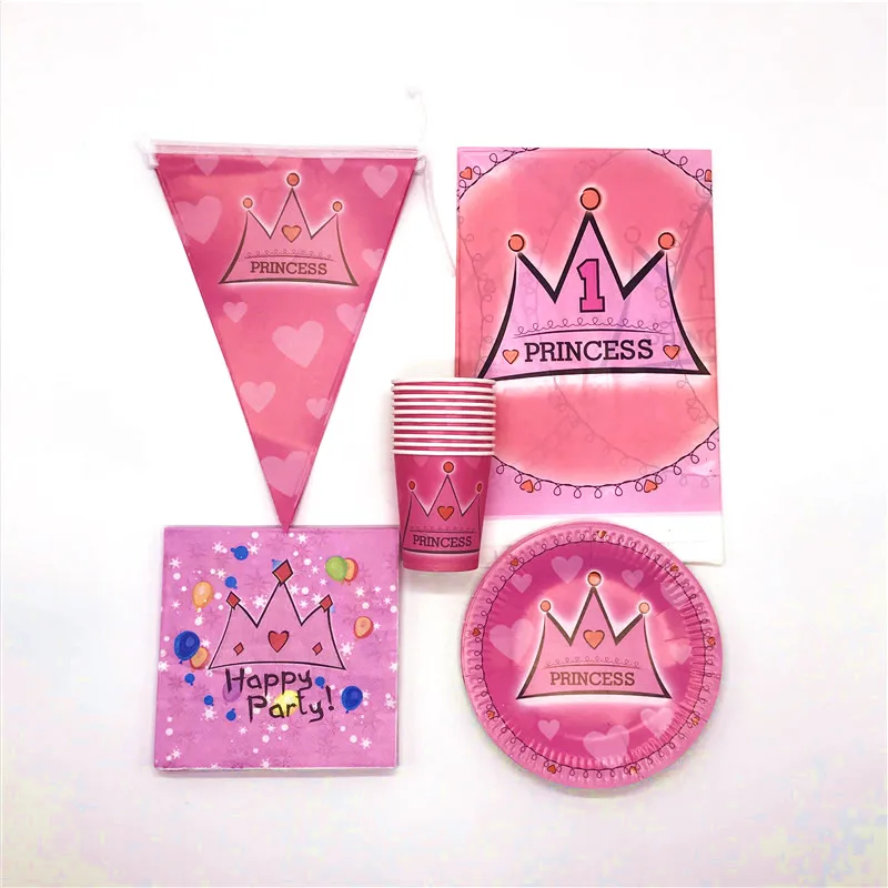 

81pcs/lot Pink Crown Cartoon Theme Birthday Party Decoration paper plate Banner flag Tablecloth Set Baby Shower Party Supplies