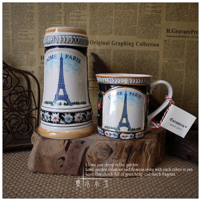 

2 Size New Arrival Ceramic German Beer Mug World Famous Buildings Eiffel Tower Hand Painted Mugs Embossed Pattern Bar Decoration