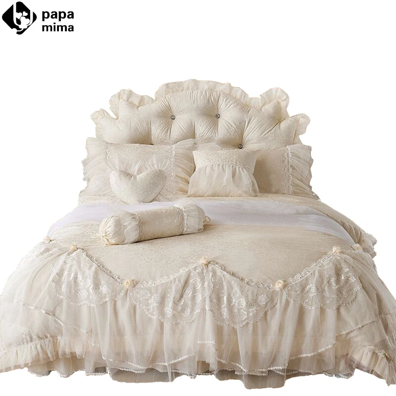 Beige Jacquard Silk Princess bedding set Lace duvet cover bedskirt