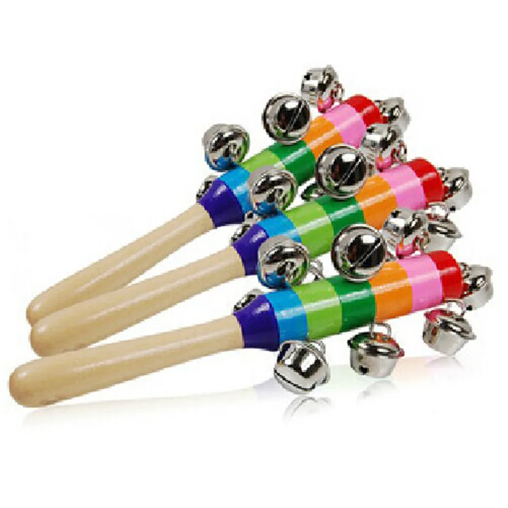 1 pcs Wooden Stick 10 Bells Rainbow Hand Shake Bell Rattles Baby Kids