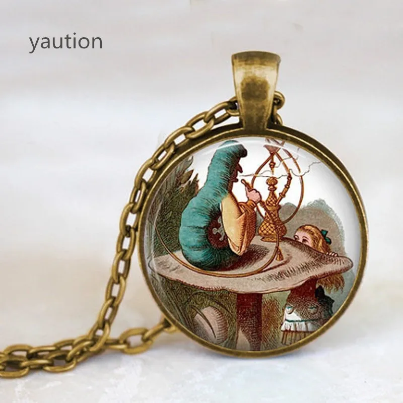 

Handcrafted Fine Jewelry,Alice in Wonderland Jewelry,Photo Caterpillar with a Hookah and Alice Glass Pendant Necklace