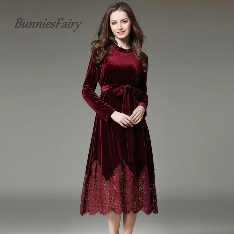 BunniesFairy 2017 осеннее и зимнее винтажное бархатное ажурное кружевное платье с