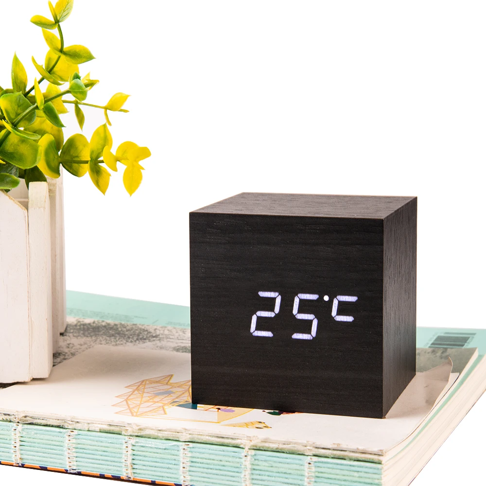  Cube Wooden Bamboo Clock Digital LED Desk Table Alarm Clock Thermometer Sounds Control LED display 