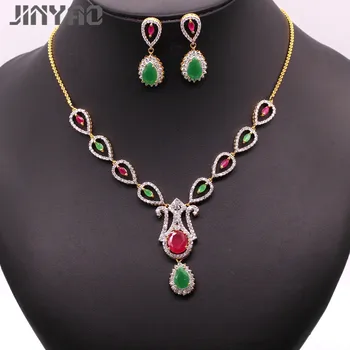 

JINYAO Luxury Female Wedding Jewelry Set for Women Flowers Yellow&White Gold Color Red Green Zircon Necklace Earrings Party Set