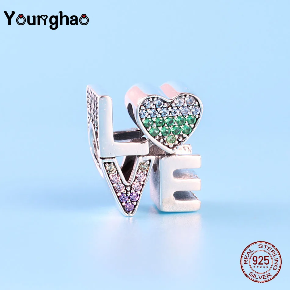

Younghao Jewelry Fit Original Pandora Charms Bracelet 925 Silver Letter Love Color CZ Crystal Beads for DIY Making Berloque Gift