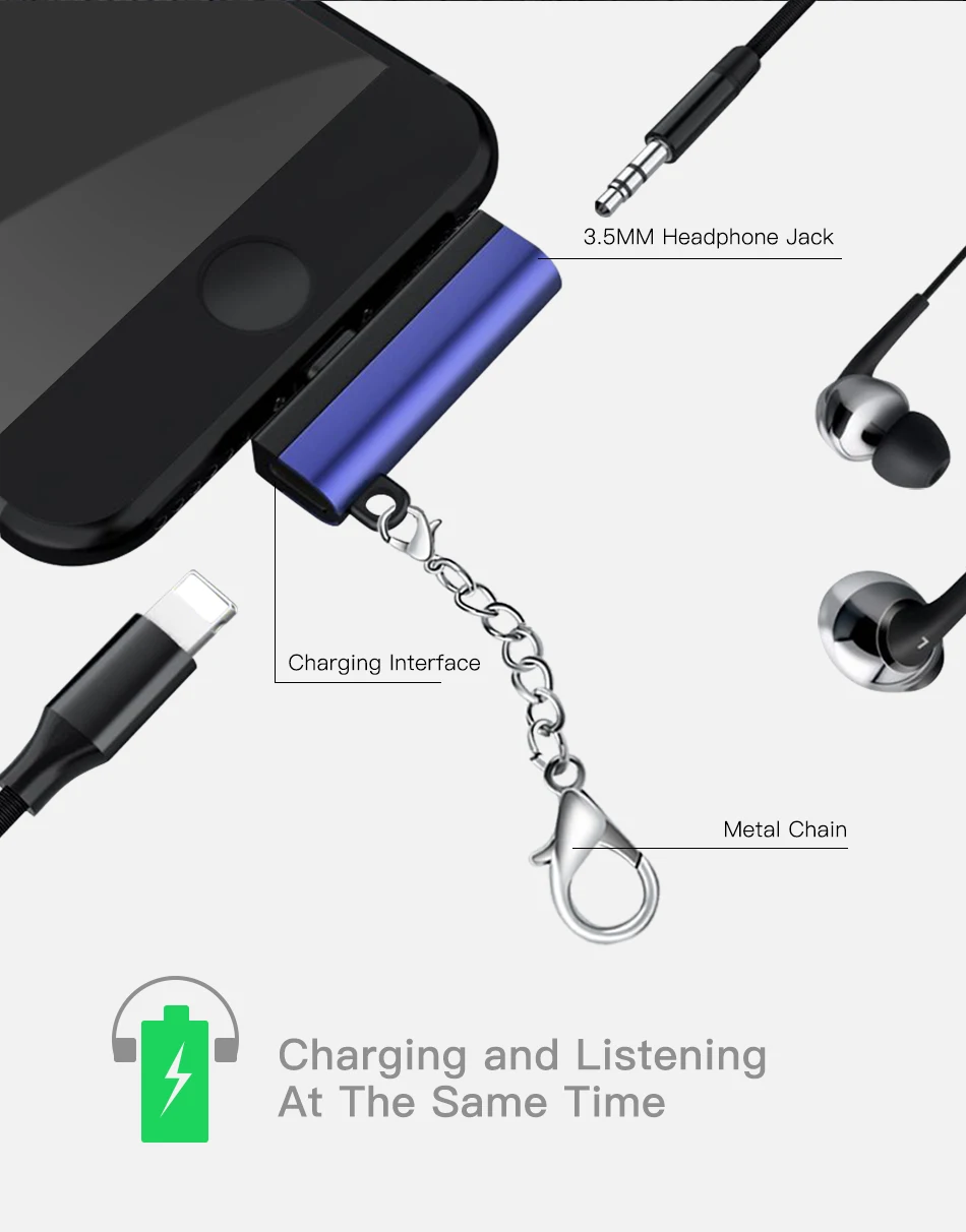 !ACCEZZ Dual Lighting For Apple Earphone For iphone 7 8 Plus X XS MAX XR Audio Connector Converter 2 in 1 Headphones Key Chain (4)