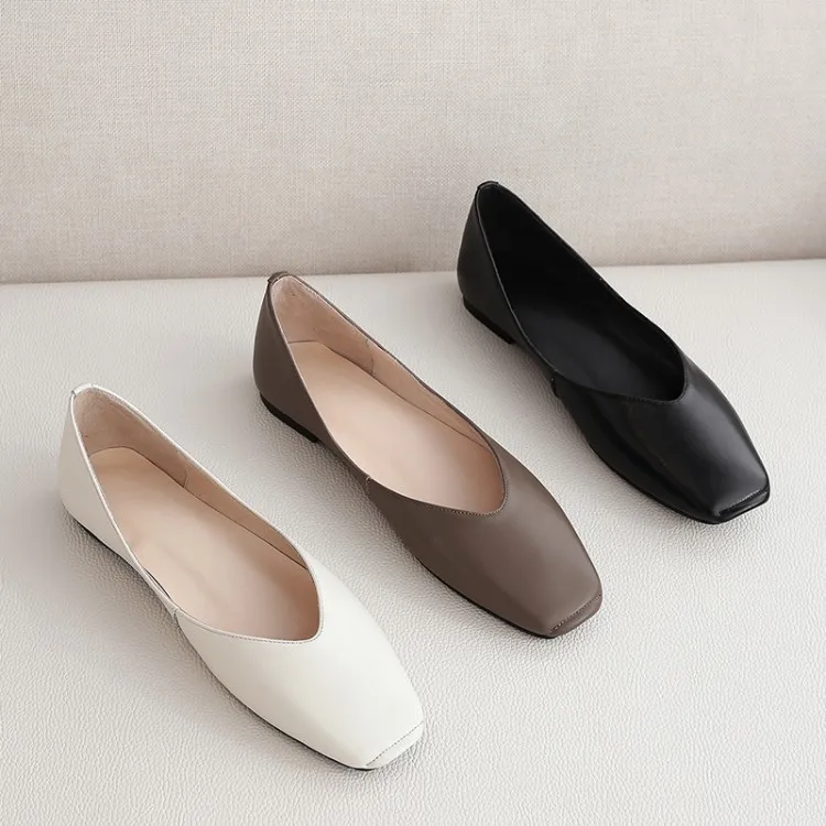 

GPOKHDS 2019 women flats soft Cow leather autumn spring slip on black color Rome style square toe female loafer flats size 34-43