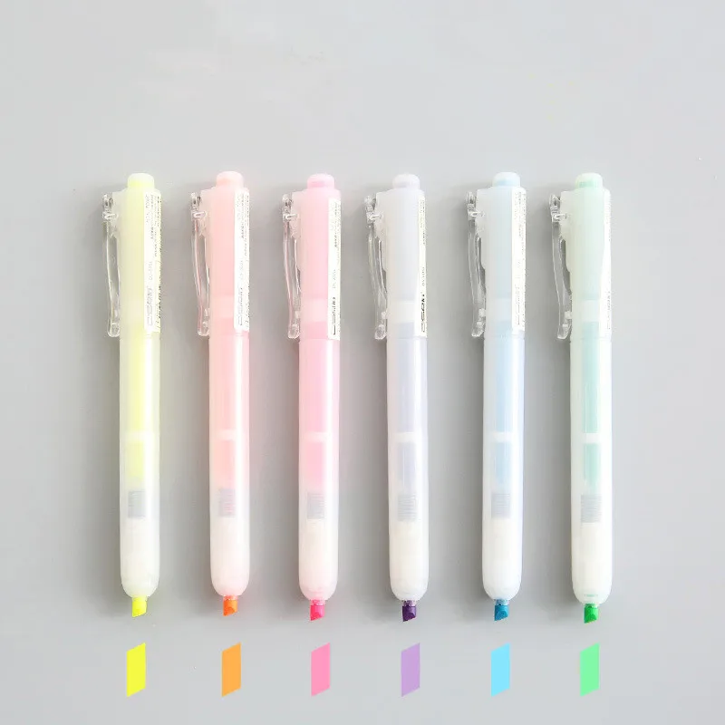 

6 pcs Knock type color highlighter pen set Fluorescent marker pens Non-toxic Stationary Office accessories School supplies