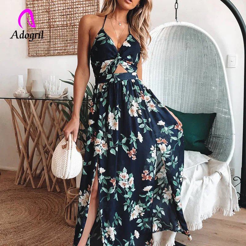 

Boho Dress flower patterned front bow pleated A-line dress hollow out high split corset long dress hanging neck lace up dress