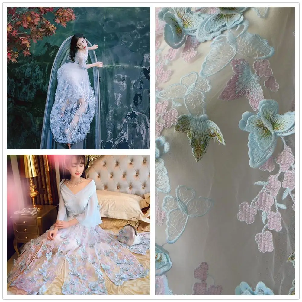 

1 Yard 3D Butterfly Mesh Lace Fabric With Rosette In Pink Gold Thread Embroidered Bridal Gown Fabric For Dress Wedding Backdrop