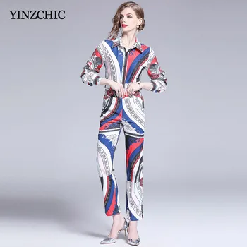 

Elegant Office Lady Two-pieces Suits Autumn New Woman Printed Sets Loose Blouse Pencil Pants Set for Woman Feamle Casual Set