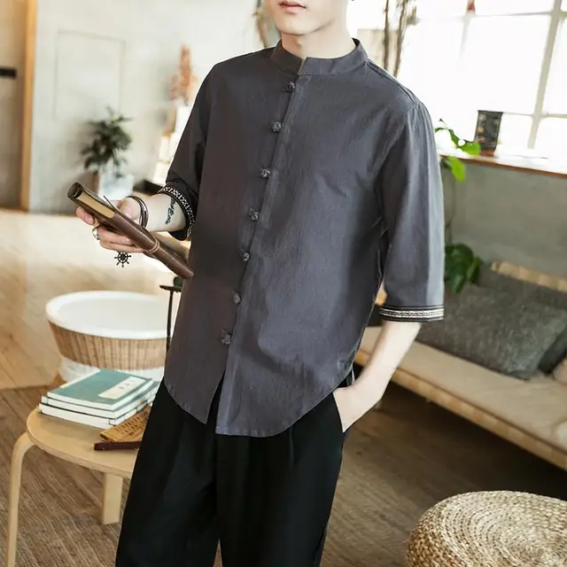 Chinese Style Male Shirt Half Sleeve Casual Streetwear Men Shirt Man ...