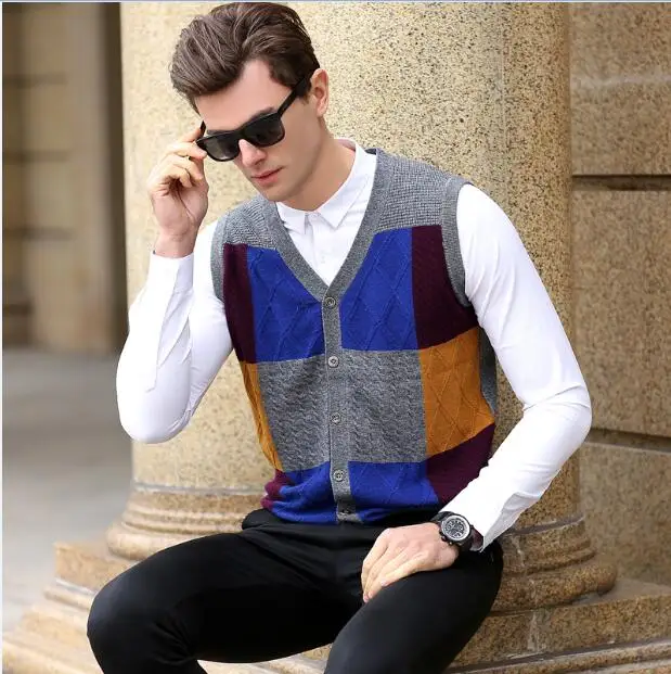 Мужской кашемировый кардиган модный пэчворк Цвета шерстяной свитер, жилет без рукавов, кардиган - Цвет: blue plaid