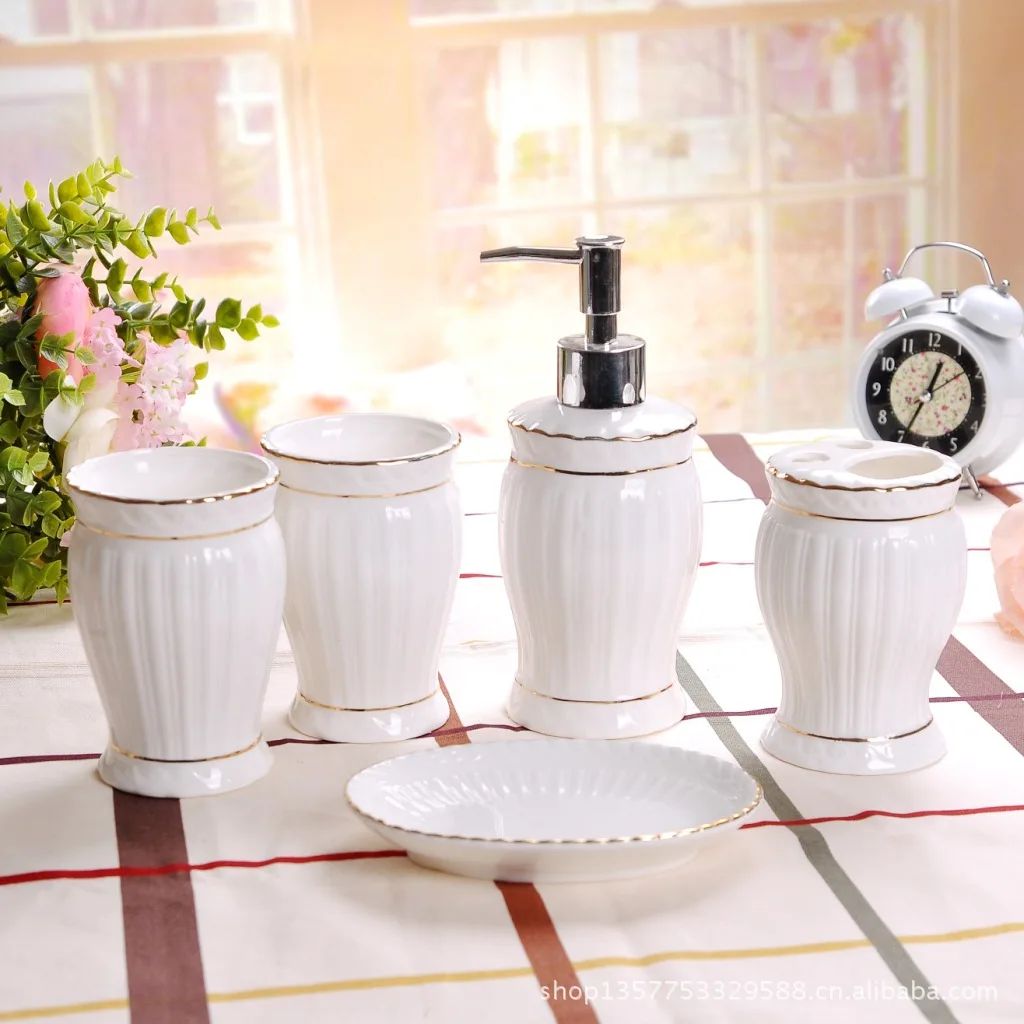 

5 Pcs Bathroom Accessories Includes 1 Toothbrush Holder 2 Tumblers 1 Soap Dish 1 Dispenser Golden Rim White Ceramic Europe Style