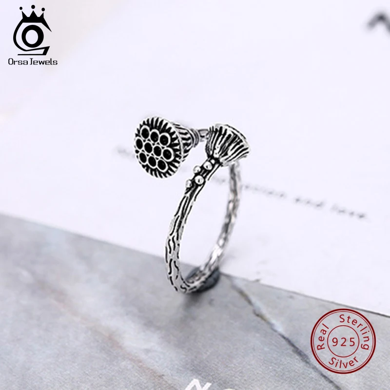 ORSA JEWELS Genuine 925 Sterling Silver Rings For Women Charm Lotus Flower Open Ring Adjustable Creative Anniversary Gift PSR49