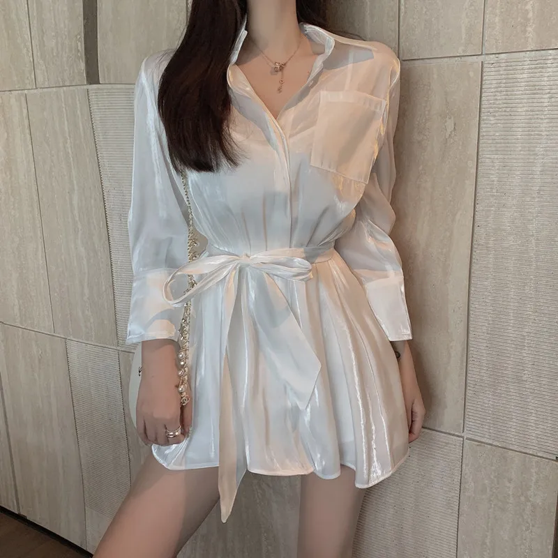 

High Fashion Slim Waist Belt Smoothie Blouse White Spring Summer Shirt Women Top Chemise Femme Chemisier Blusa Blanca Mujer