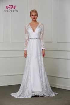 

European Simple Vintage Lace Mermaid Wedding Dresses Long Sleeve Sexy Beading Belt Sweep Train Country Wedding Dress W0206