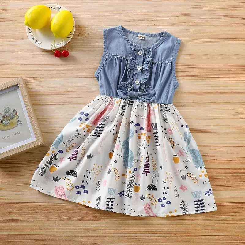 

baby girl clothes flower party dress summer Floral clothing toddler sleeveless cotton casual vest dresses 3 denim color