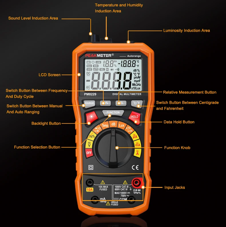 Цифровой мультиметр PEAKMETER MS8229 5 в 1 осветитель звуковой уровень Частота Температура Влажность измеритель напряжения MASTECH