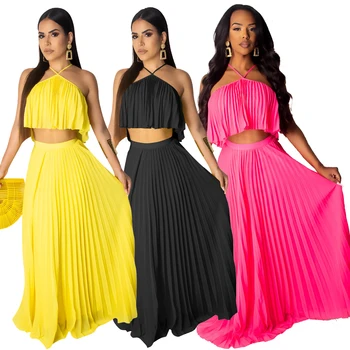 

Two Piece Sets Chiffon Halter Crop Tops and Pleated Long Skirts 2020 Women Summer Casual Beach Bohemian Party Outfits Sundresses