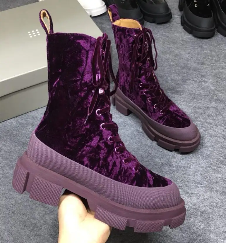 В стиле панк на платформе без каблука ботильоны для женщин бархат кружево до натуральная кожа заклёпки шипованных мотоботы - Цвет: purple velvet