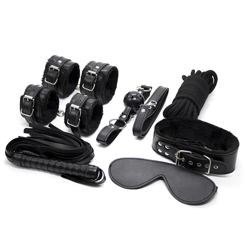 Koop Sex Game PU Lederen 7 Bondage Kit Set Zachte Hand manchetten Zweep Touw Masker Bdsm Fetish Bondage Terughoudendheid Erotische Speelgoed voor paar