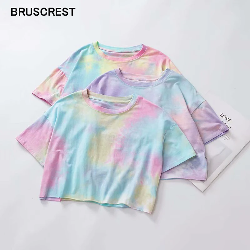 

Summer kawaii pink rainbow tie dye women shirts loose crop top short sleeve cute t shirt women tshirt kawaii korean clothes