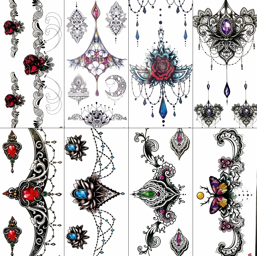 

3D сексуальные Цветочные Временные Тату-наклейки, искусственные ювелирные изделия, женские тату для девушек, шея, тату Менди, подвеска, индийское украшение