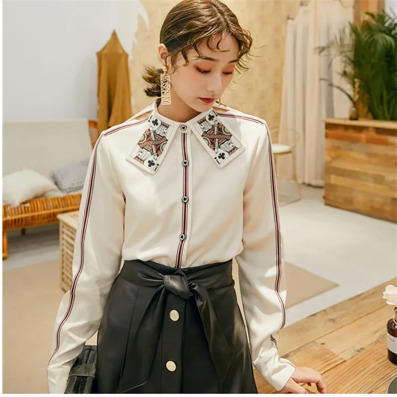 TANG женские рубашки на пуговицах с принтом покера дизайнерские узорчатые топы с длинными рукавами женская одежда Офисная Женская блузка