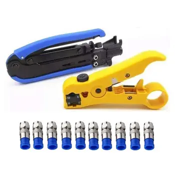 

THGS Compression Tool Coax Cable Crimper Kit Adjustable Rg6 Rg59 Rg11 75-5 75-7 Coaxial Cable Stripper With 10 Pcs F Compressi