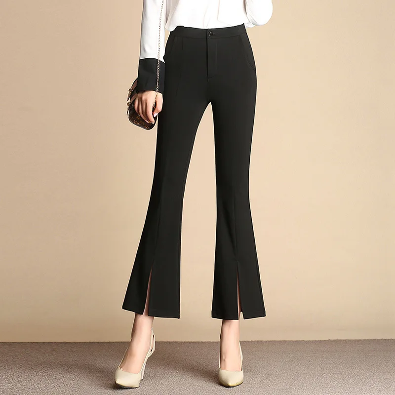 

High Waist Elastic Women's Flare Pants Split Side Solid Slim Korean Trousers For Women 2019 Spring Summer Casual Female Trousers