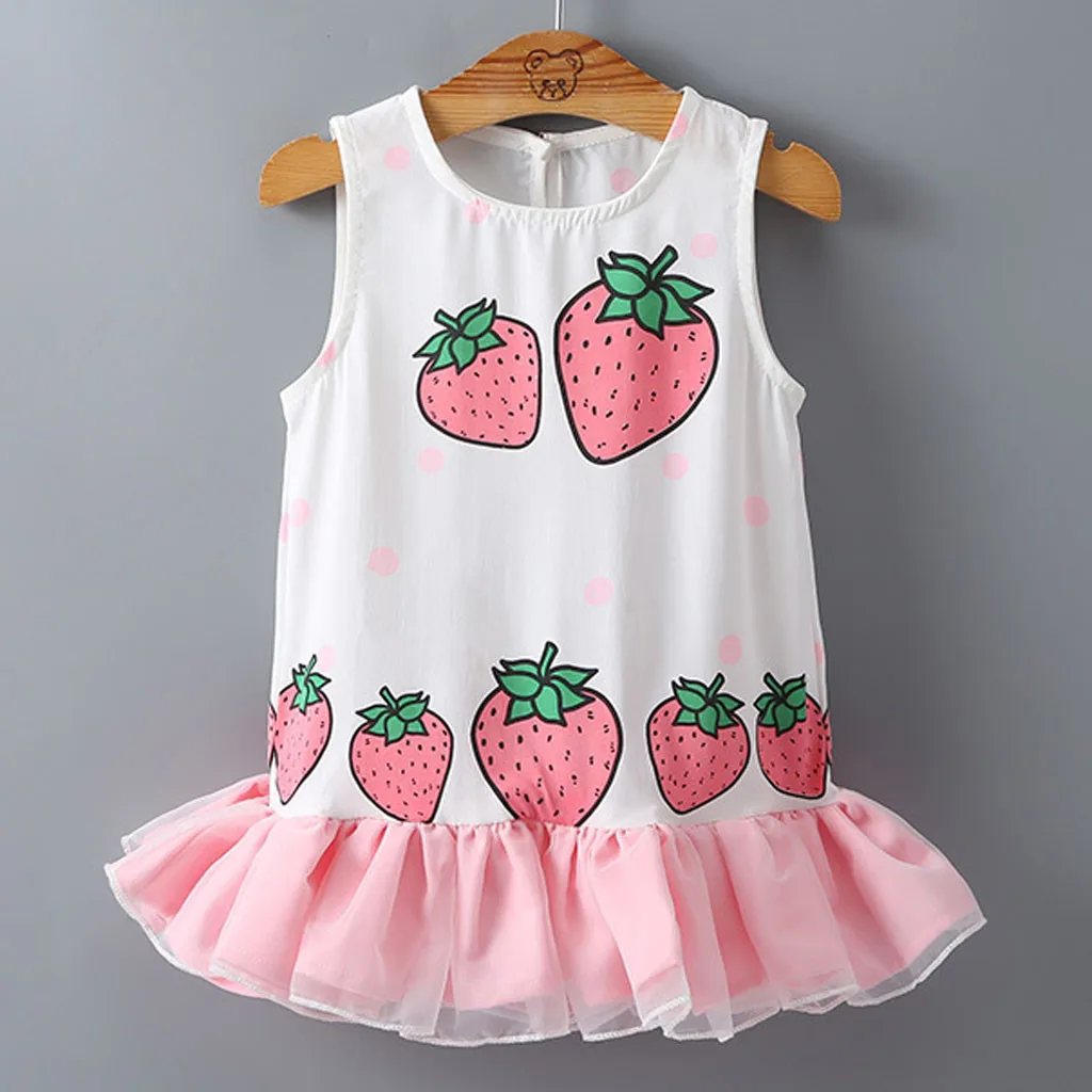 

Toddler Kids Baby Girls Strawberry Print Patchwork Tulle Ruffled Sundress Dress Comfortable For Birthday Party Dresses For Girls