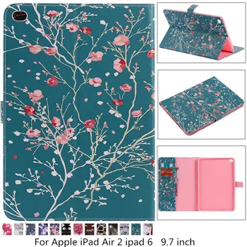 

For Apple iPad Air 2 Ipad 6 Case funda Silicon Case Cartoon painted pu wallet For iPad 6 9.7'Back Smart wake Cover Tablet + film