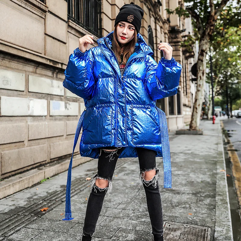 ZURICHOUSE Женская парка с капюшоном зимняя куртка Корейская яркая металлическая синяя верхняя одежда модные пуховые куртки Женское теплое зимнее пальто