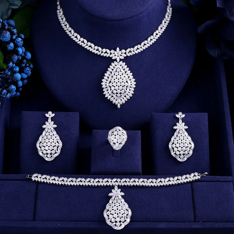 

AccKing Luxury cubic zirconia necklace bracelet earrings and ring 4pcs dubai full jewelry set for women,bridal dress dinner