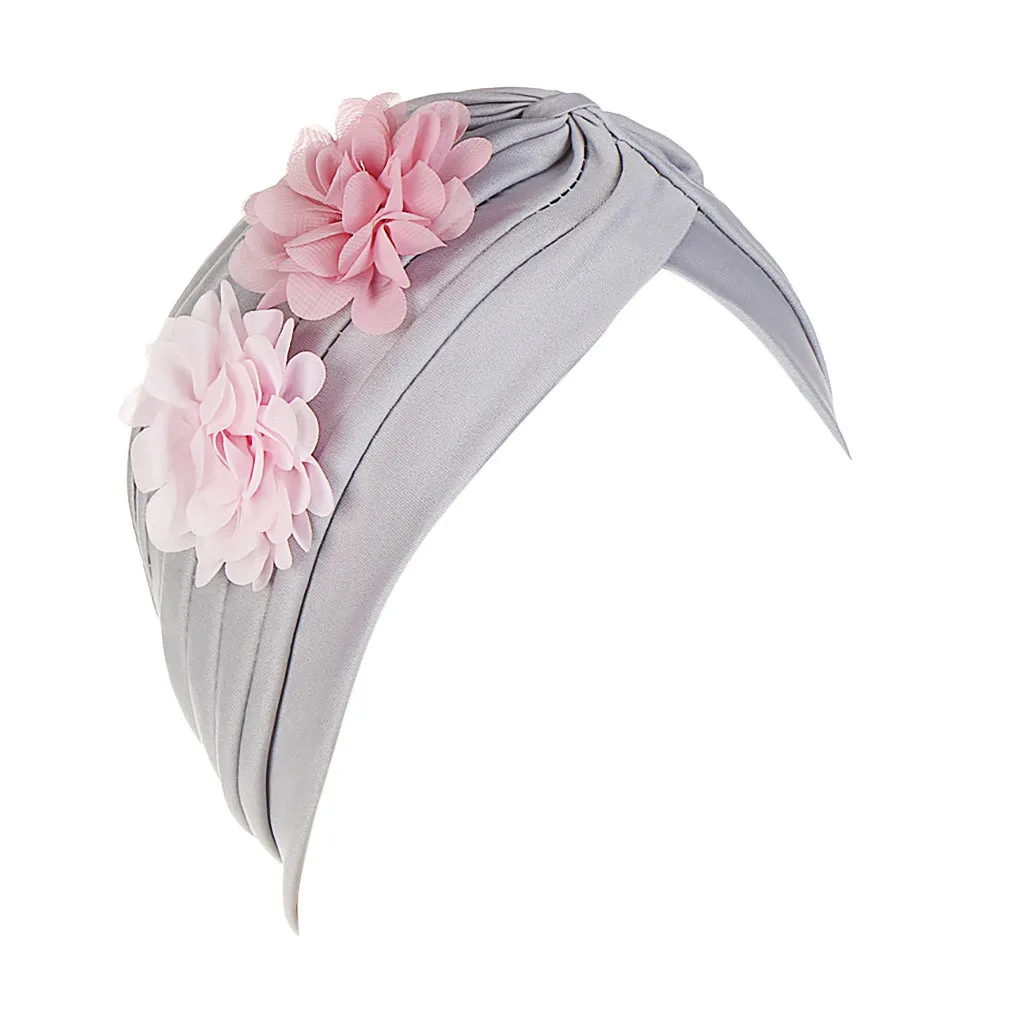 Hat Muslim Women Two Flower India Hat Muslim Ruffle Cancer Chemo Beanie Turban Muslim Head Scarf Wrap Cap c0411