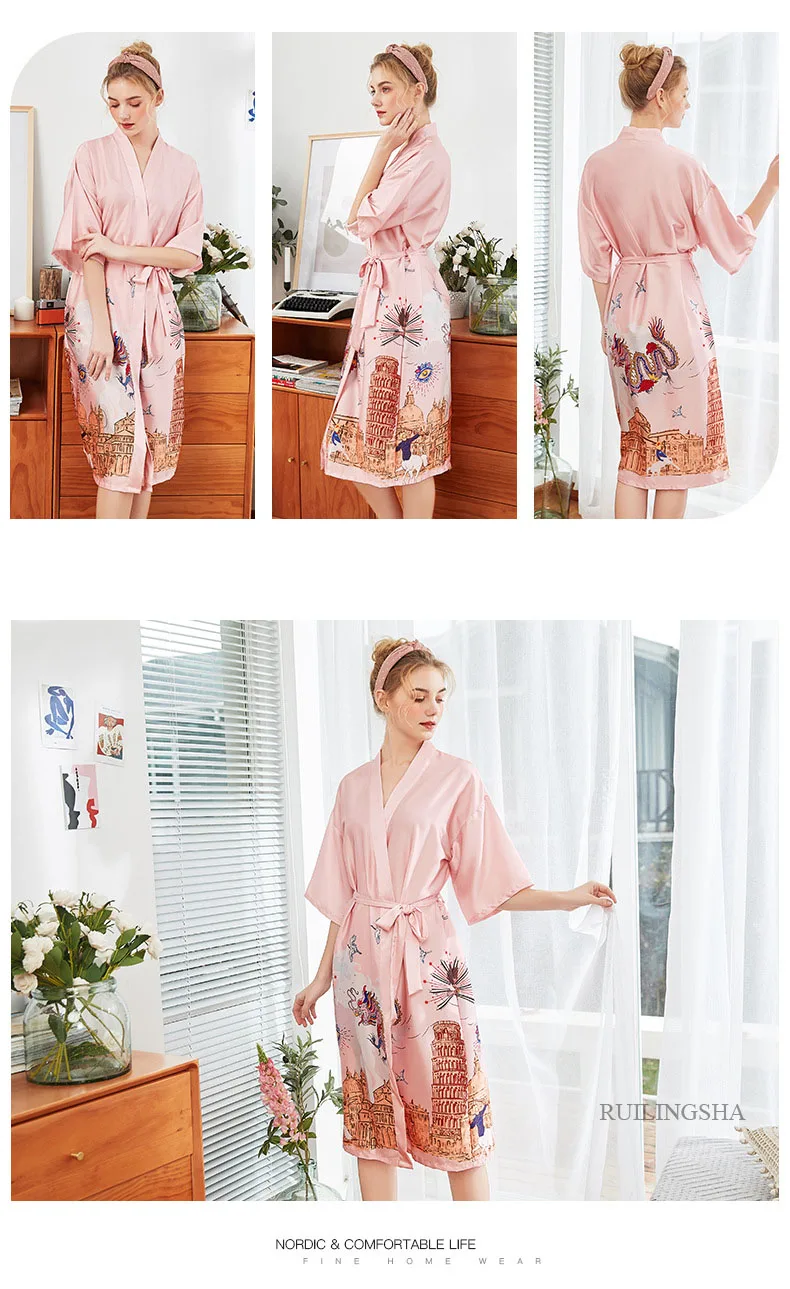 Женское шелковое кимоно, атласный сексуальный халат длиной до колен, халат для невесты с драконом, розовый халат для невесты, свадебная Пижама