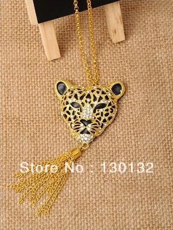 Fashion Rhinsetone Leopard Head Tassel Necklace Long Sweater Chain | Украшения и аксессуары