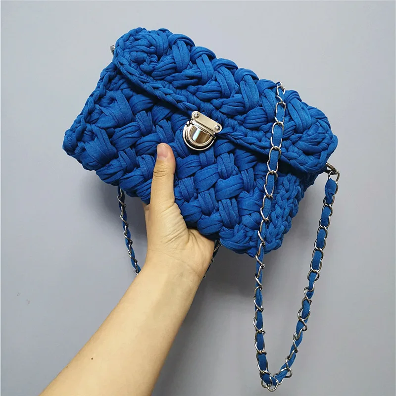 Новинка, модная леопардовая сумка через плечо, тканая вязаная сумка, женская сумка-мессенджер с клапаном, Хлопковая сумка на плечо ручной работы OC602 - Цвет: Navy Blue