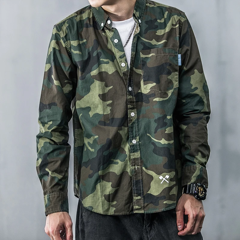 men fashion casual long sleeve camo dress shirt cotton military camouflage camp shirt in Casual