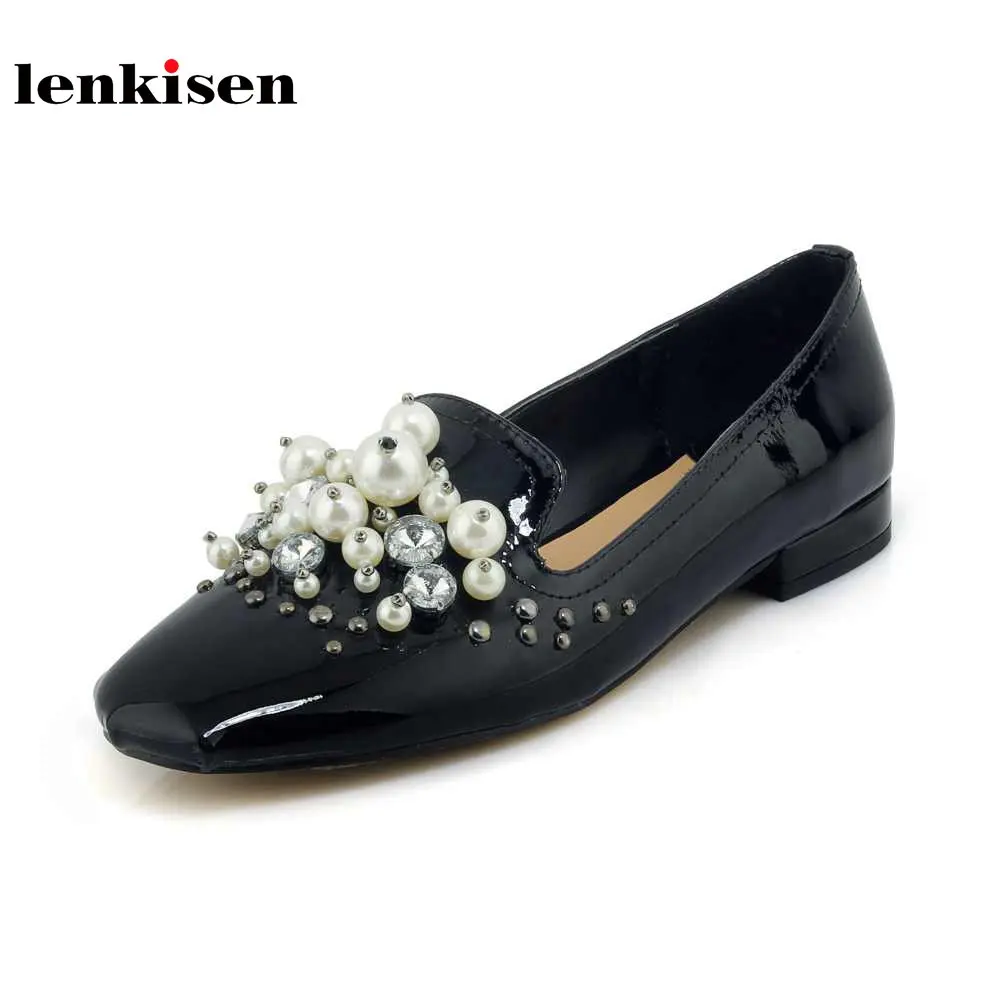 

Lenkisen new cow leather square toe low heels slip on pearl crystal decoration shoes women strange high fashion women pumps L3f2