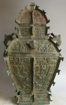 

song voge gem S2219 19" Old Chinese Bronze Folk square handle water food vessel kettle Pot Jar Crock