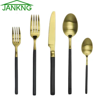 

JANKNG 30Pcs/Lot Luxury Gold Dinnerware Set Black Handle Gold Cutlery Set Tableware Stainless Steel Knife Fork Silverware Set