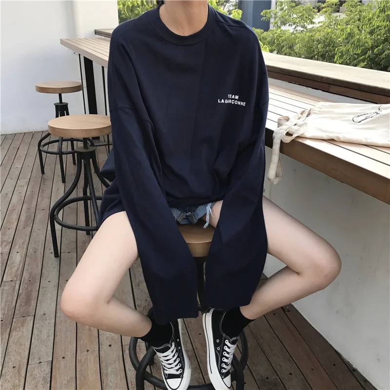 

Fall Winter Solid Black Long Sleeve Women's T-shirts Over Size Loose Boyfriend Style Woman t shirt Tops Girls Tees
