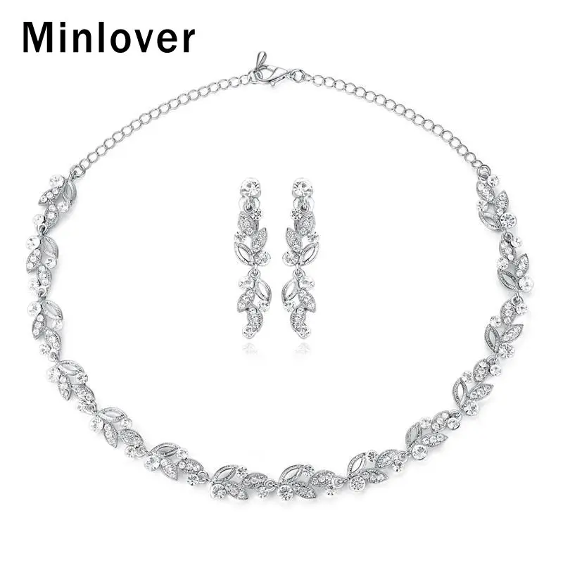

Minlover Elegant Leaves Bridal Jewelry Sets Silver Color Rhinestone Party Necklace Earring Sets Wedding Jewelry for Women MTL519