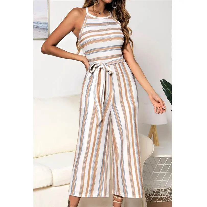 New Fashion Women Summer Sexy Sleeveless Multicolour Striped Jumpsuit Clubwear Wide Leg Pants Outfit Long Pants Jumpsuit #4A18 (9)