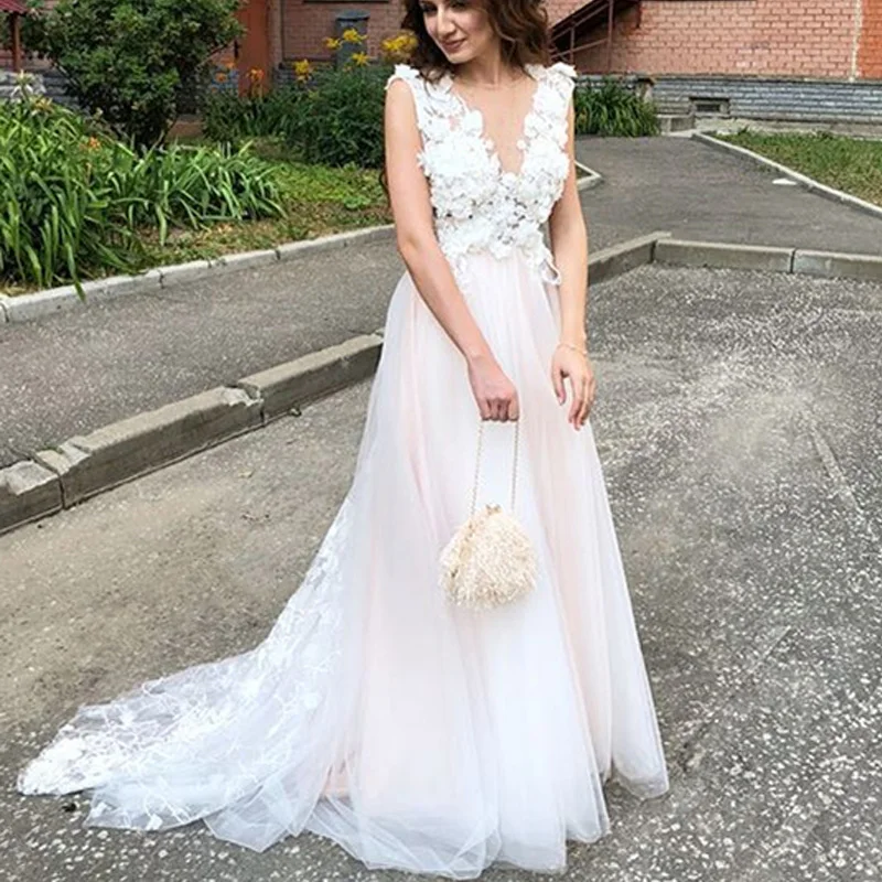 

SOFUGE A Line Wedding Dresses Beach 2019 Robe de soiree Vintage Lace 3D Flowers Top Sexy Women Boho Tulle Long Bridal Dress