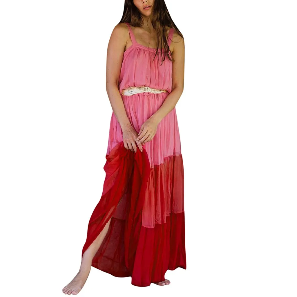 

FREE OSTRICH Women Dress Suspender Comfy Solid Color Splicing Sleeveless Backless Noble Current Elegant Summer Short Dress